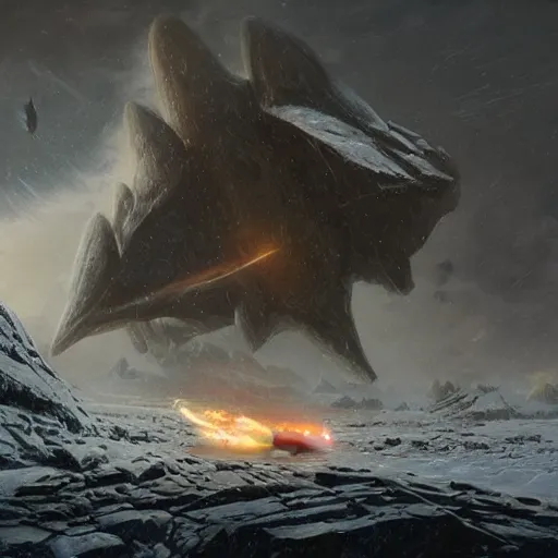 Image similar to an giant creature with long tongue attacking an starship in blizzardy mountains, Matte painting , detailed painting, greg rutkowski