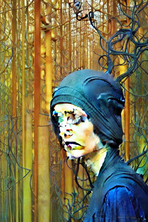 Prompt: realistic detailed face portrait painting of olexesh with sci-fi headwear, futuristic sci-fi forest on background by Jean Delville, Amano, Yves Tanguy, Alphonse Mucha, Edward Robert Hughes, Roger Dean, rich moody colours, blue eyes