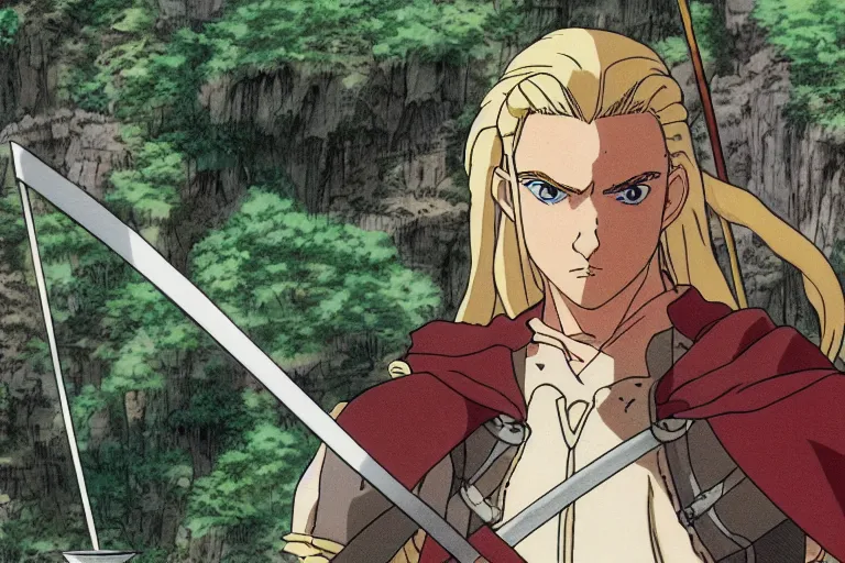 Prompt: legolas in the anime lord of the rings by studio ghibli, movie still frame, very detailed, artwork by hayao miyazaki, kentaro miura, satoshi kon, high quality, sharp image, high resolution, hd, 7 2 0 p, 4 k