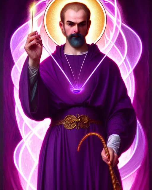 Image similar to portrait of saint germain, he is holding the violet purple indigo flame, completely violet colored, intricate, elegant, highly detailed, digital painting, artstation, concept art, smooth, sharp focus, illustration, art by artgerm and greg rutkowski and fra angelico and alphons mucha