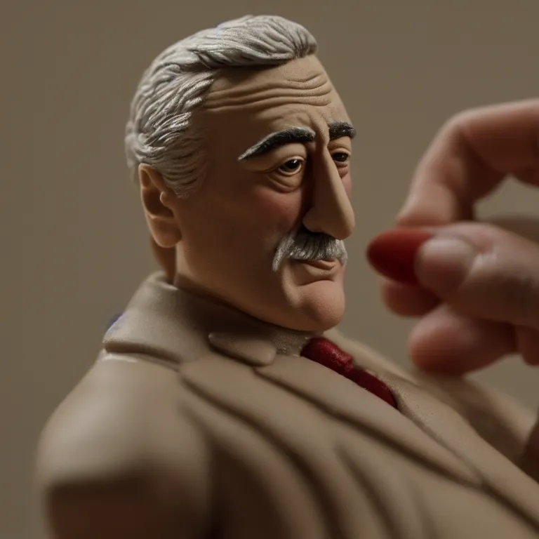 Image similar to a cinematic film still of a claymation stop motion film starring robert de niro, portrait, shallow depth of field, 8 0 mm, f 1. 8