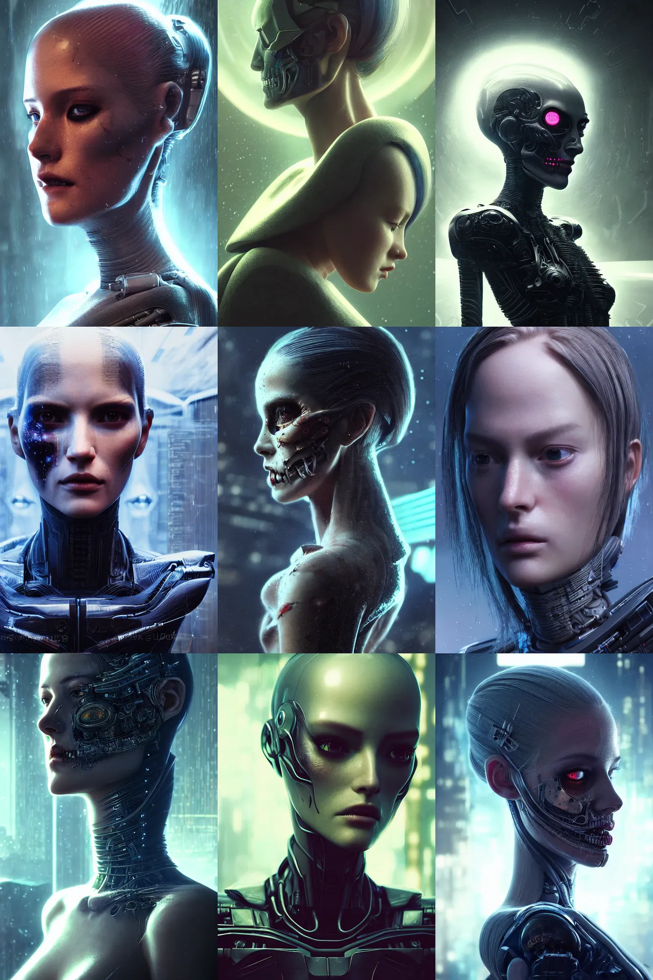 Prompt: moody side portrait, beautiful female android!, intricate detailed environment, photorealistic!, octane render, mechanical, concept art, cinematic lighting, interstellar, hyper realism, sharp, cyberpunk, bladerunner, 8 k, el dia los muertos. by angus mckie, moebius, maciej kuciara, stanley lau, artgerm, greg rutkowski