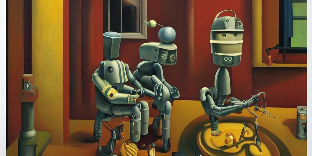 Image similar to super - intelligent robot with kind eyes portrait, lowbrow, pj crook, grant wood, edward hopper, oil on canvas