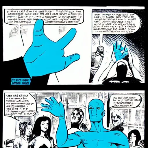 Image similar to A panel from a comic, of Doctor Manhattan reaching out his hand to create new life, in the art style of Dave Gibbons.