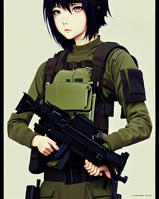 Image similar to girl wearing tactical gear | | very very anime!!!, fine - face, audrey plaza, realistic shaded perfect face, fine details. anime. realistic shaded lighting poster by ilya kuvshinov katsuhiro otomo ghost - in - the - shell, magali villeneuve, artgerm, jeremy lipkin and michael garmash and rob rey