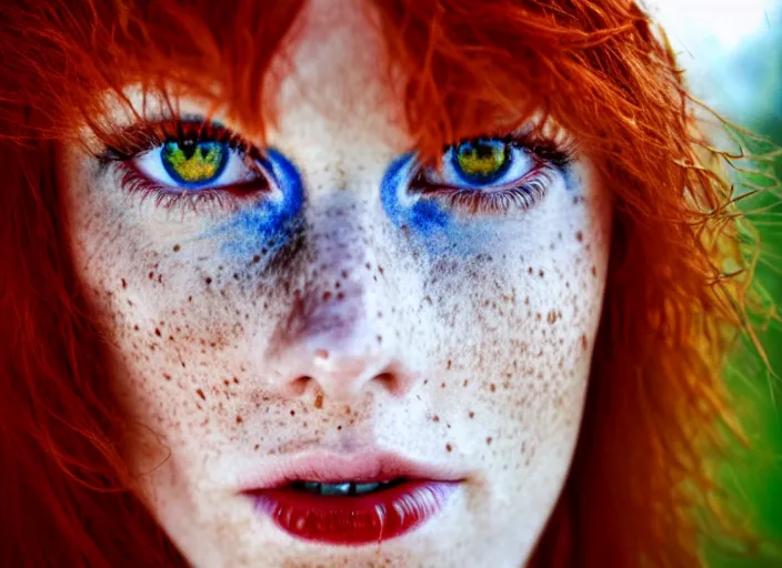 Image similar to award winning 8 5 mm close up face portrait photo of a redhead with deep red hair, freckles and blue eyes in a park by luis royo.