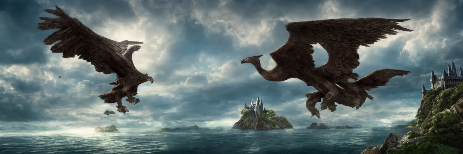 Image similar to hippogriff flying over a sea with hogwarts in the background, dramatic volumetric lighting, epic composition, high detail, 4K Ultra HD