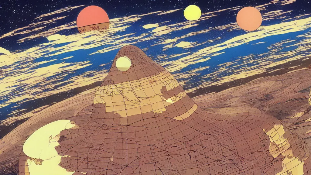 Image similar to a diagram depicting earths layers, anime film still from the an anime directed by katsuhiro otomo with art direction by salvador dali, wide lens