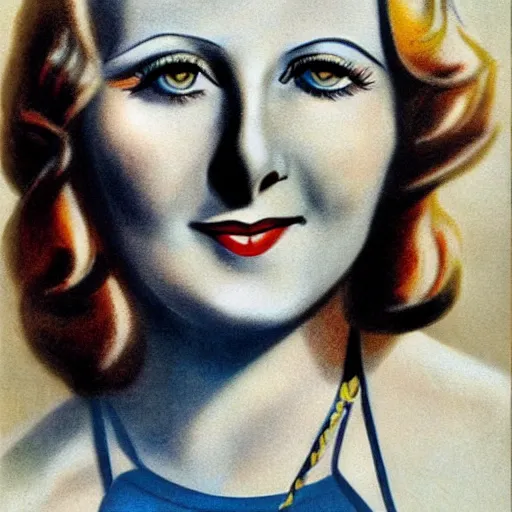 Prompt: a 1 9 2 0 s ultra - realistic color portrait. happy, healthy, beautiful, smiling, young, sporty, blonde, blue - eyed symmetric greta garbo in decent athletic wear. hyper - realistic detailed drawing