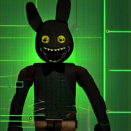 Image similar to a man inside a Spring Bonnie animatronic, starting out as green, glitching code with purple eyes, and slowly becoming more solid