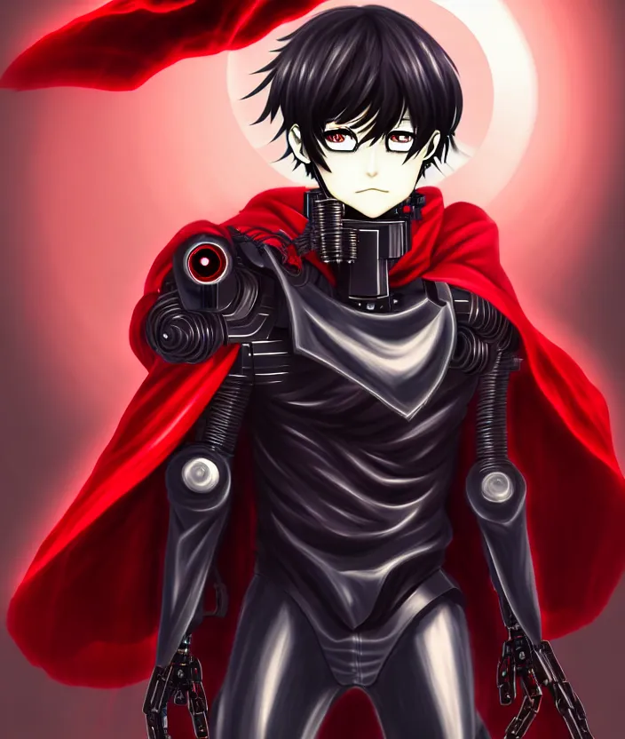 Image similar to a detailed manga illustration character full body portrait of a dark haired cyborg anime man who has a red mechanical eye and is wearing a cape, trending on artstation, digital art, 4 k resolution, detailed, high quality, sharp focus, hq artwork, insane detail, concept art, character concept, character illustration, full body illustration, cinematic, dramatic lighting