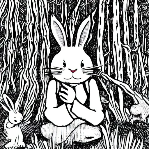 Image similar to a rabbit smoking deep in the forest, black and white illustration, creative design by junji ito