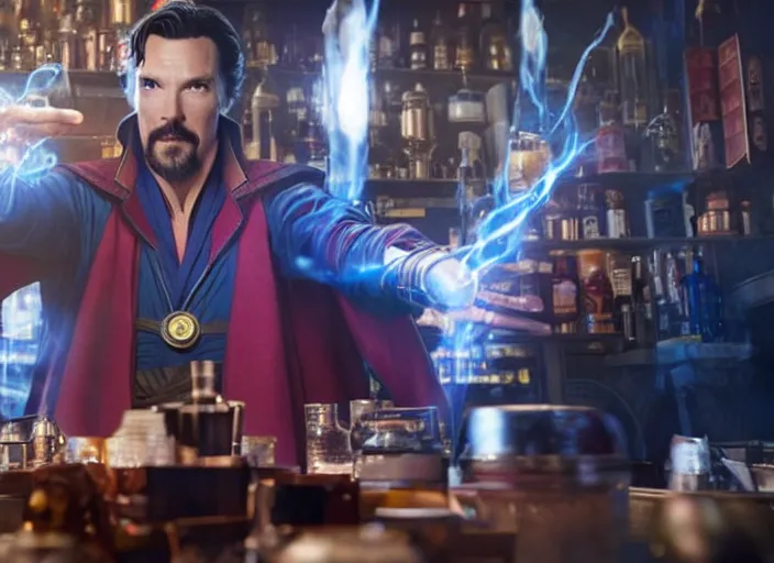 Image similar to film still of Doctor Strange working as a bartender in the new Avengers movie, 4k