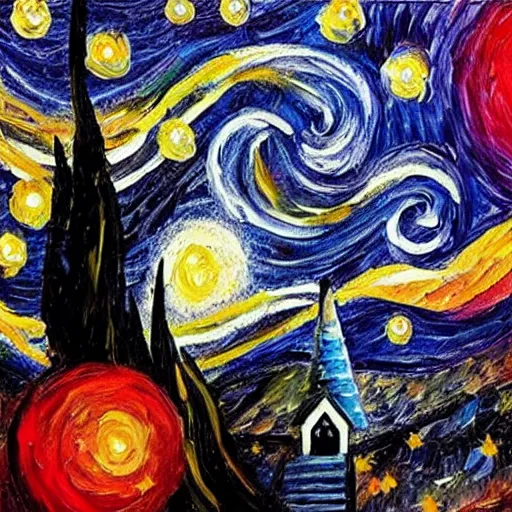 Prompt: starry night painting in the style of leonid afremov and georges seurat