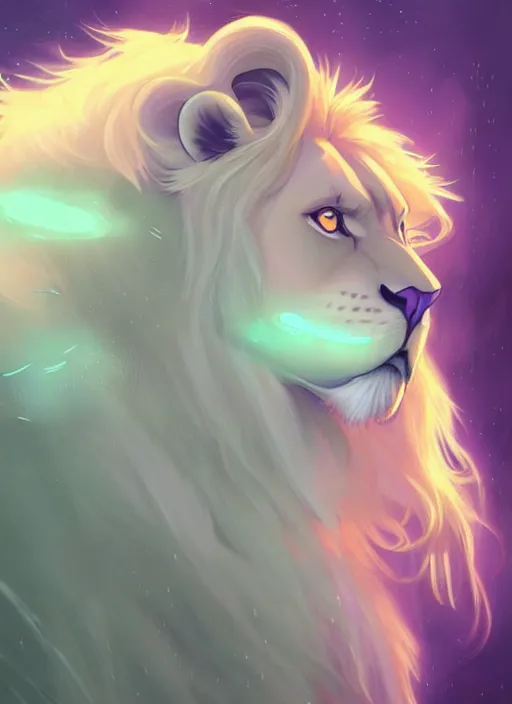 Image similar to !dream aesthetic portrait commission of an albino male furry anthro lion wearing a mint colored thin cloack, pastel Neon lense flares. Atmospheric. Character design by charlie bowater, ross tran, artgerm, and makoto shinkai, detailed, inked, western comic book art, 2021 award winning painting