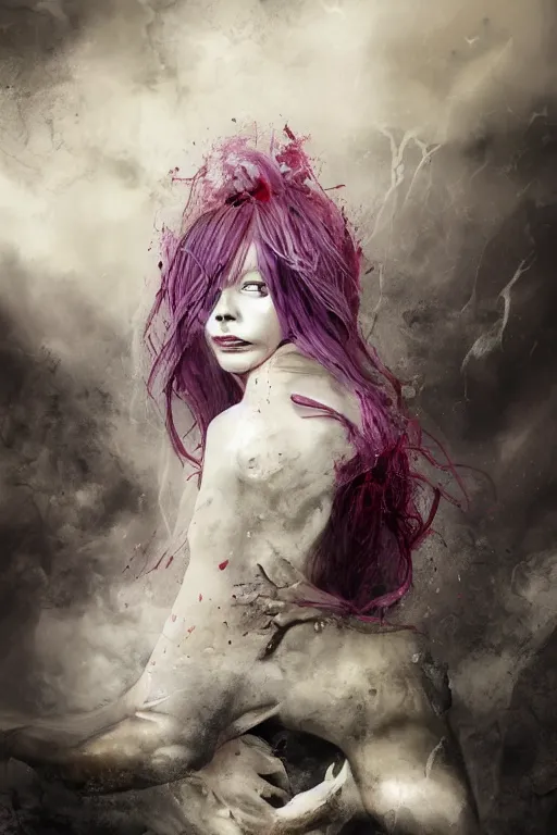 Image similar to A girl with a marble face, flowing silver-violet hair, stands with her arms spread out against the background of a blood-purple cloud in golden light, red streams flow through her body, skulls and bones of hands crawl out of the ground, dark red drops fly around, Anachronism, painting, dark fantasy, steampunk, 4k