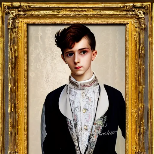 Image similar to hyperdetailed maximalist elaborate half - lenght portrait of a futuristic a beautiful young teen boy, wearing long clothing. rococo architecture, in the style of modigliani and mixed media collage. matte background hd 8 x