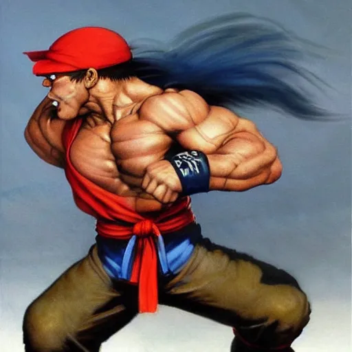 Prompt: ultra realistic happy gilmour as ryu from street fighter, painting by frank frazetta, 4 k, ultra realistic, highly detailed,