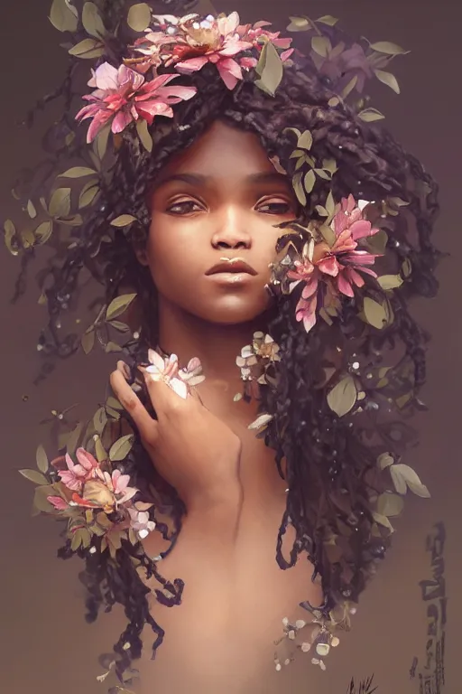 Prompt: ultra realistic illustration, black girl with flowers blossoming from helmet, elegant, highly detailed, digital painting, concept art, smooth, sharp focus, illustration, art by artgerm and greg rutkowski and alphonse mucha