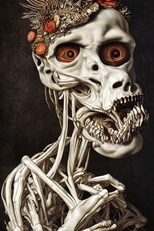 Image similar to Detailed maximalist portrait a Greek god with large white eyes and an angry face, fleshy skeletal body, HD mixed media 3d collage, highly detailed and intricate, surreal illustration in the style of Caravaggio, dark art, baroque