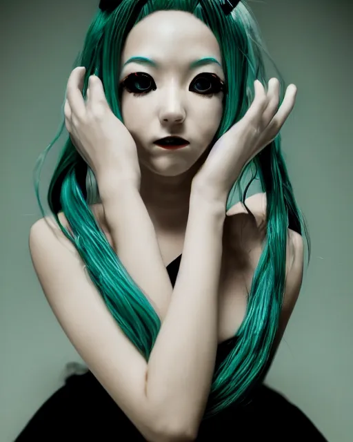 Image similar to official photo portrait of mature attractive Hatsune miku closeup tired and angry by Alex Ross giger sorayama frank miller trending on Flickr cinematic backlit smoke noir technoir shot with Leica zeiss