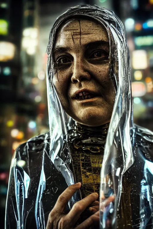 Prompt: Kodak Portra 400, 8K, highly detailed, H.R Giger style 3/4 extreme closeup portrait, clear eyes, focus on clear transparent raincoat terrified old model, tilt shift h.r giger style background: famous blade runner remake, tokyo izakaya scene