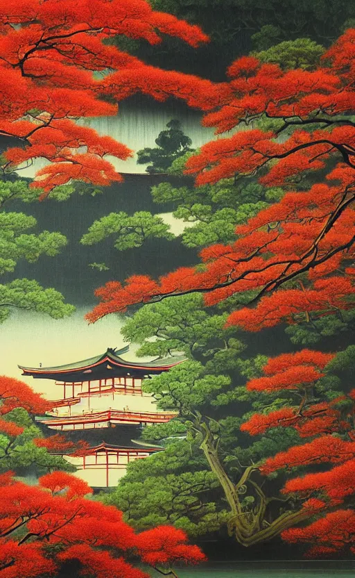 Image similar to japanese inspired poster, beautiful japanese architecture and nature, oil on canvas, japanese art beautiful aesthetic, photorealistic, lake, light rays theough the trees