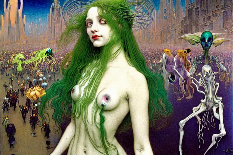 Image similar to realistic extremely detailed portrait painting of ghost girl with green hair wearing dress in a crowded sci-fi city street, very detailed alien crowd by Jean Delville, Amano, Yves Tanguy, Alphonse Mucha, Ernst Haeckel, Edward Robert Hughes, Roger Dean, rich moody colours, blue eyes