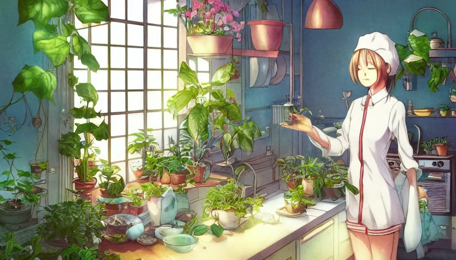 Image similar to a woman standing in a kitchen next to a plant, a storybook illustration by kiyohara tama, pixiv contest winner, magic realism, pixiv, official art, anime aesthetic