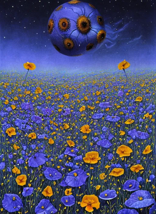 Image similar to detailed, intricate blue black and purple papaverum flower on the field, nebula, galaxy in the sky, winning award masterpiece, fantastically beautiful, illustration, aestheticly inspired, jacek yerka, upscale with anguissola sofonisba work, artstation, 8 k