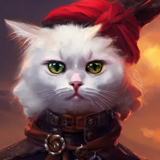 Image similar to Portrait of a Kawaii Cat dressed as a Pirate, digital painting, highly detailed, artstation, concept art, smooth, sharp focus, illustration, art by artgerm and greg rutkowski.