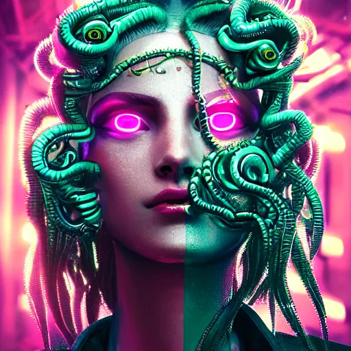 Image similar to Cyberpunk medusa, neon, intricate, ornate, photorealistic, ultra detailed, realistic, 35mm, photography, octane, high definition, depth of field, bokeh, 8k, artstation