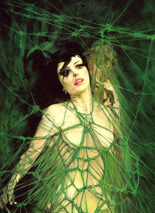Prompt: a beautiful terrifying realism painting dark gothic close up woman in a spider web green hue and blacks by raymond swanland, gaston bussiere craig mullins alphonse mucha basil gogos norman rockwell takato yamamoto, jack kirby, ruan jia, roberto ferri, monet, by wlop, moebius syd mead roger dean 4 k hd