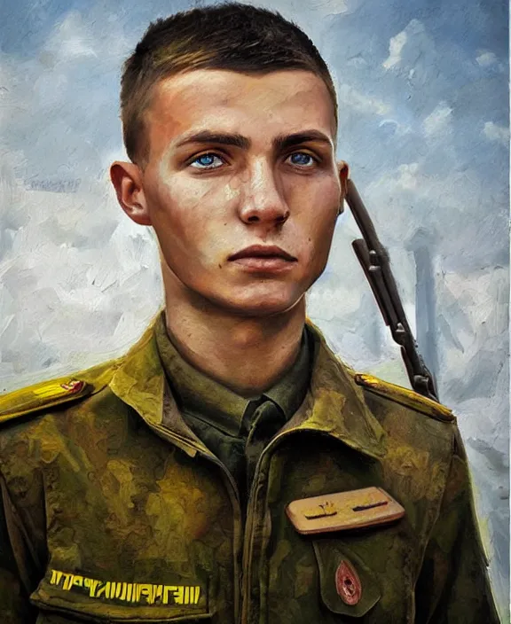 Image similar to portrait of a handsome young ukrainian soldier in kyiv, art by denys tsiperko and bogdan rezunenko, hyperrealism