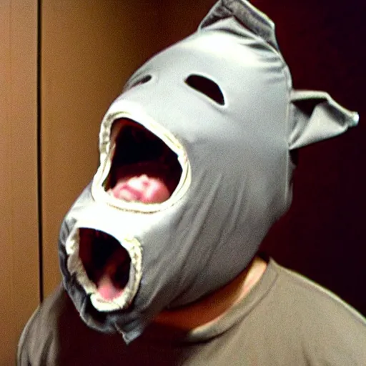 Image similar to creppy 2 0 0 3 photo of a pig masked man screaming in a dark room