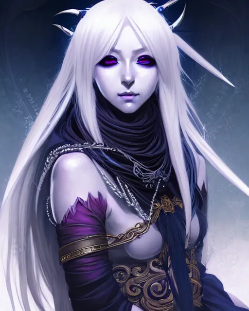 Prompt: portrait of an anime female drow necromancer, hd, illustration, epic, d & d, fantasy, intricate, elegant, highly detailed, digital painting, artstation, concept art, smooth, sharp focus, illustration, art by artgerm and greg rutkowski and alphonse mucha, monster hunter illustrations art book