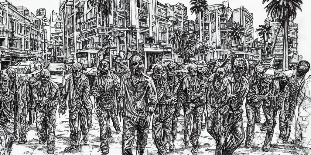 Prompt: zombies in a street in tel aviv. pen drawing. realistic. colorful. highly detailed. watercolors. palm trees. grass