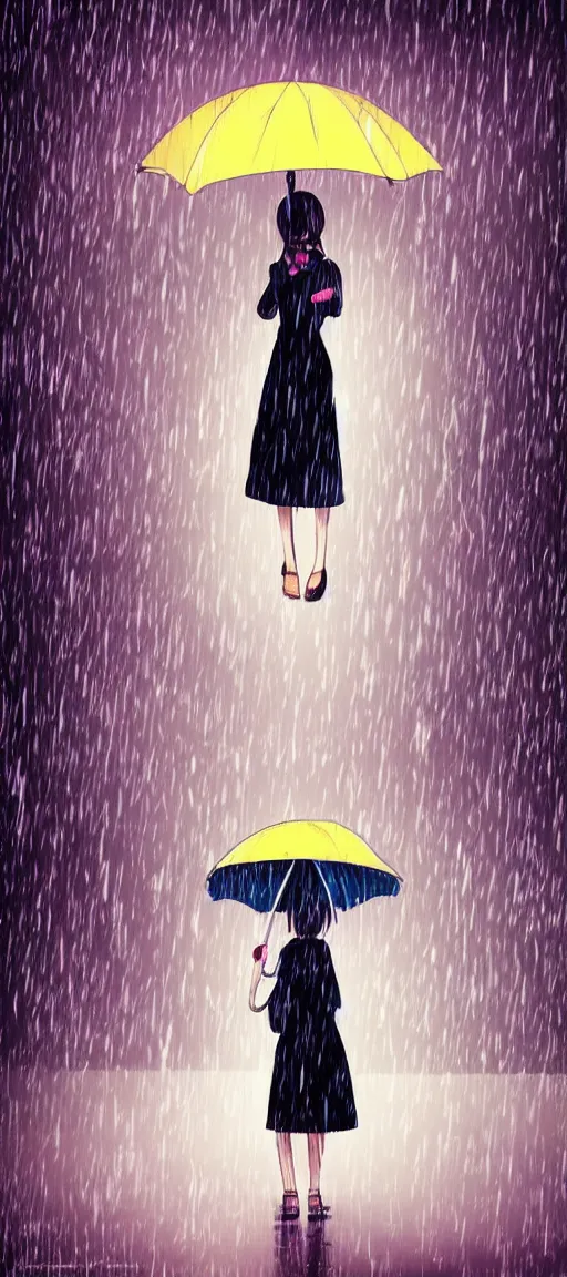 Image similar to beautiful drawing style, girl holding umbrella, contrast, visible rain, vaporware cartoon japan background, kawaii rainy gloomy, rainy night