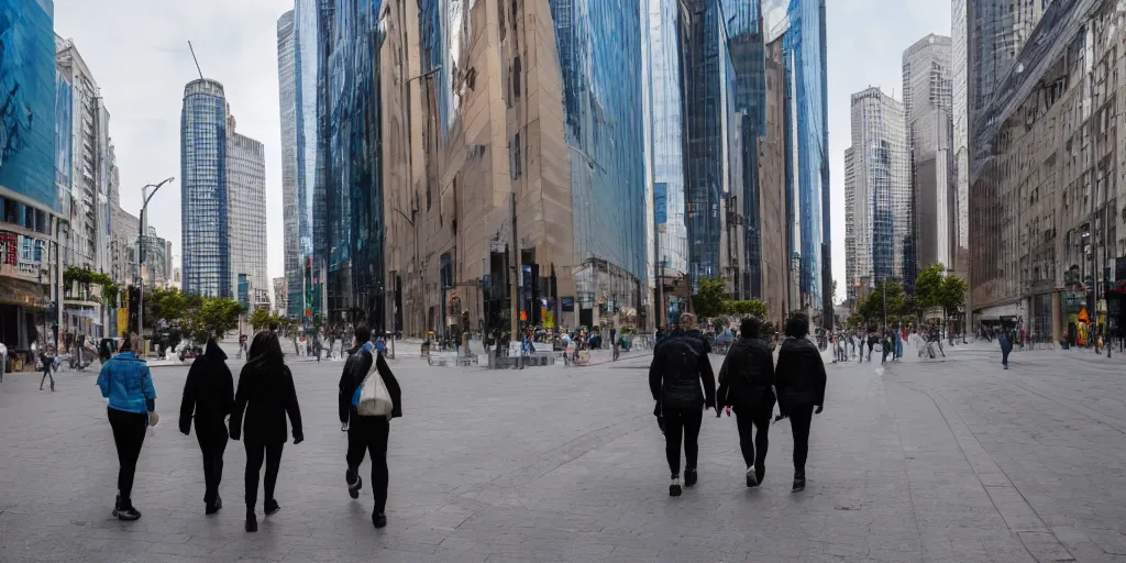 Image similar to three people are walking in the city, wide - shot, professional color photograph