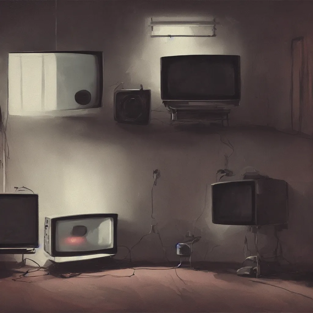 Image similar to a dark black room by night, one glowing vintage tv is standing on the floor, the door is nearly closed and thus shines light in a painting from stalenhag, 4 k, 8 k, hdr, artstation, concept art