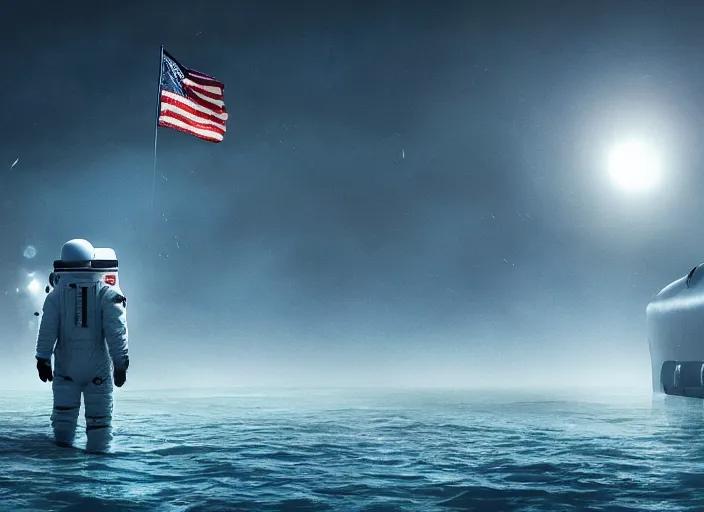 Image similar to astronaut holding a flag in an underwater desert. a submarine is visible in the distance. dark, concept art, cinematic, dramatic, atmospheric, 8 k, trending on artstation, blue, fish, low visibility, fog, ocean floor, christopher nolan, interstellar