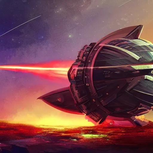 Prompt: A spaceship made of scrap metal which is on fire, in space with lightning in the background, highly detailed digital painting, trending on artstation.