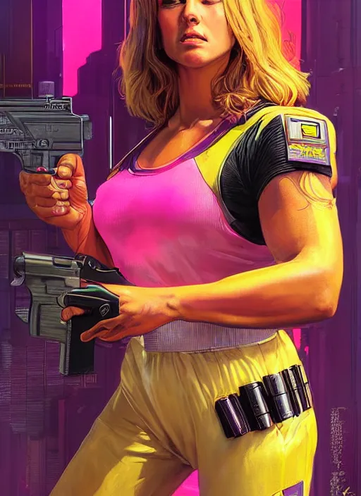 Prompt: beautiful cyberpunk female athlete wearing pink jumpsuit and firing a futuristic yellow belt fed automatic pistol. ad poster for pistol. cyberpunk poster by james gurney, azamat khairov, and alphonso mucha. artstationhq. gorgeous face. painting with vivid color, cell shading. ( rb 6 s, cyberpunk 2 0 7 7 )