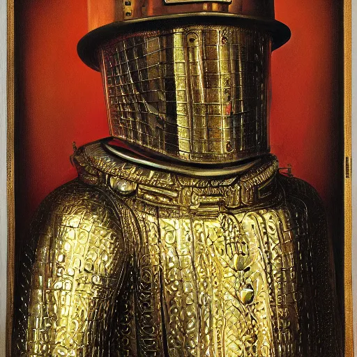 Image similar to a portrait of a shiny metallic renaissance steampunk robot, in the style of Jan van Eyck,