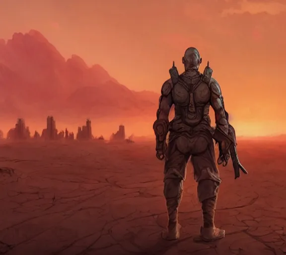 Image similar to detailed concept illustration, matte painting, strong muscular older soldier roaming through desert with city in the skyline, two suns, purple sky orange colors, ant aliens at the horizon, sharp focus, illustration, highly detailed, digital painting, concept art, matte, art by wlop and artgerm and greg rutkowski, masterpiece