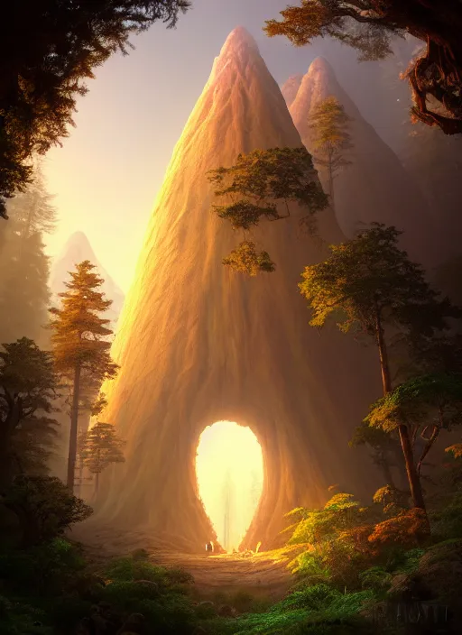 Image similar to random mystic sequoia forest giant house close - up fabulous portal, incredible, vector art, octane render, fabulous, hyper detailed, random cinematic view, no noise, global illumination, warm lighting, volumetric, godrays, vivid, beautiful, by jordan grimmer
