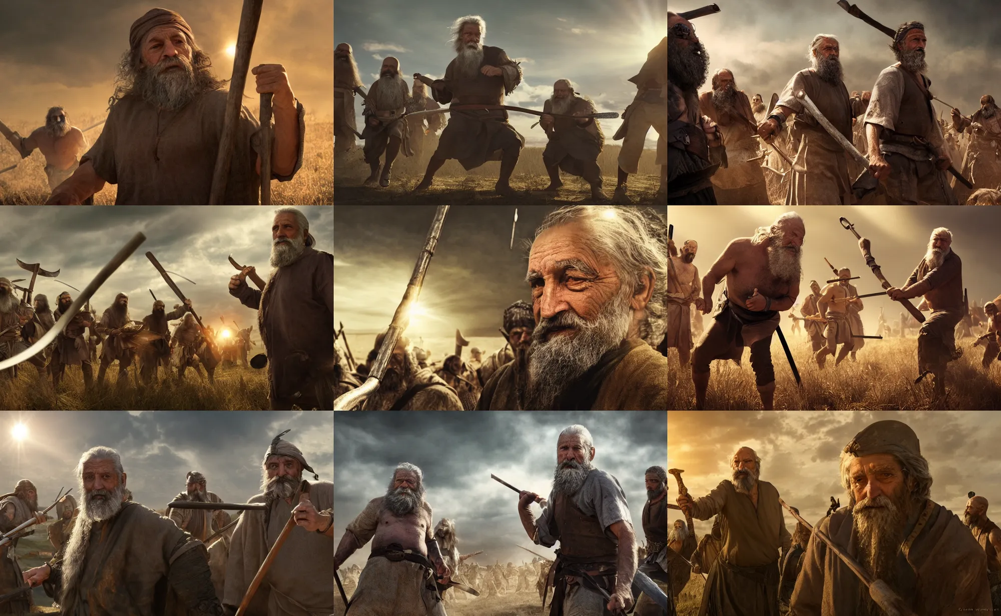 Prompt: cinematic artwork of a haggard old man with a beard holding a staff looking into the camera while warriors fight in a battle around him by greg rutowski, 4 k, masterpiece, sun rays