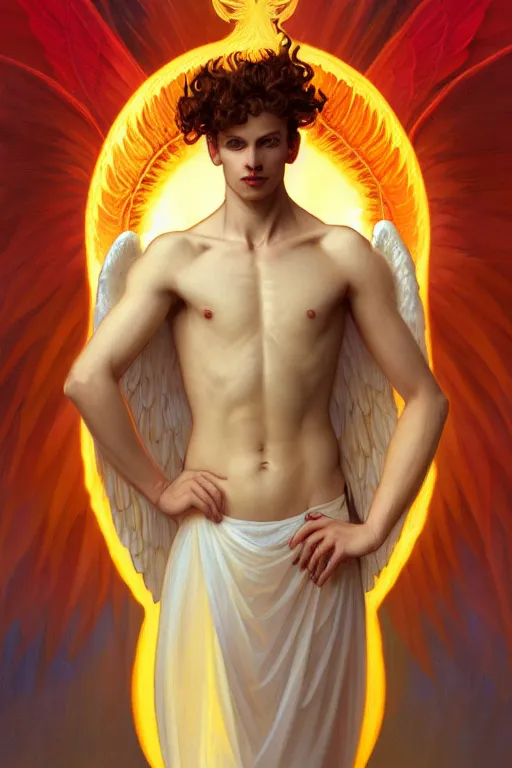 Image similar to symmetrical fullbody portrait of a beautiful young fit male angel with curly blond hairs, fulldressed in long fluent clothes, majestic big red bat wings, luminous fire halo, by greg rutkowski and alphonse mucha, gradient white to gold, in front of an iridescent background, highly detailed portrait, digital painting, artstation, concept art, smooth, sharp focus illustration