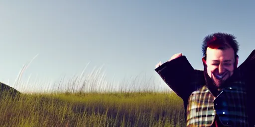 Image similar to a happy scotsman wearing a kilt being happy in a meadow, 4 k, 8 k