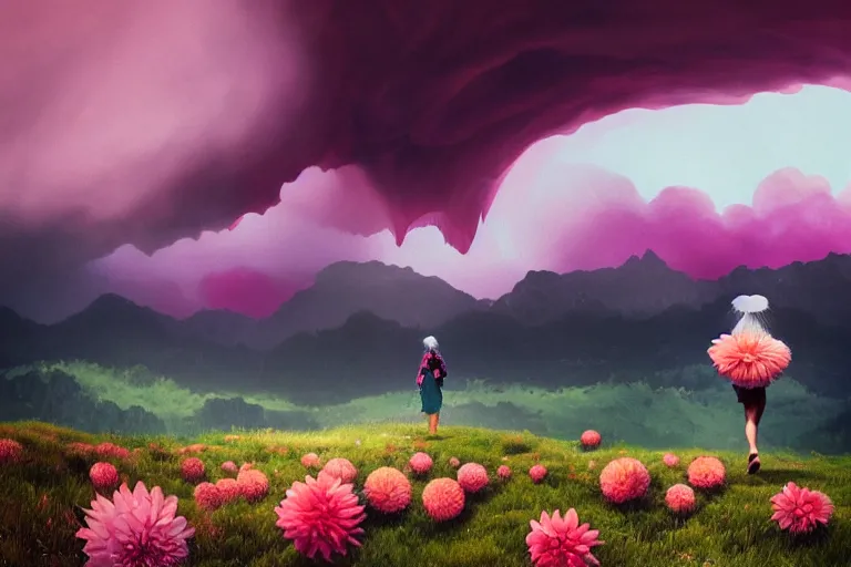 Image similar to giant dahlia flower on head, girl walking on mountain, surreal photography, pink storm clouds, dramatic light, impressionist painting, digital painting, artstation, simon stalenhag